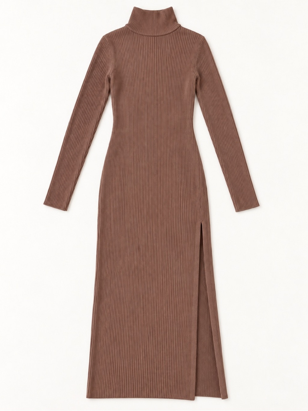Zara Ribbed Turtleneck Long Sleeve Dress in Brown